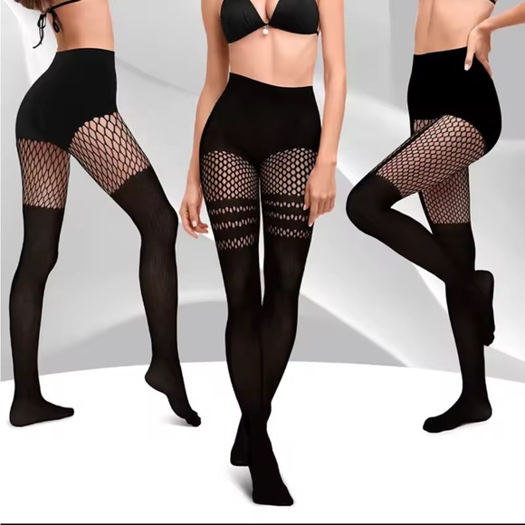 None Accessories - New Sexy Black Fishnets Sheer Striped Garter Goth Nylons pack of 3